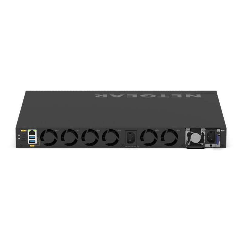 XSM4340CV M4350 rear panel showing six fans, fixed AC inlet, removable redundant power supply and dual USB-A and Ethernet management ports, NETGEAR