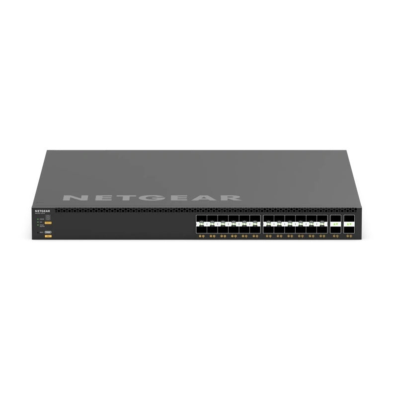 XSM4328FV front view showing 24 SFP+ ports and 4 SFP28 ports with status LEDs on the left, NETGEAR