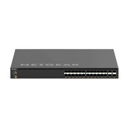 XSM4328FV front view showing 24 SFP+ ports and 4 SFP28 ports with status LEDs on the left, NETGEAR