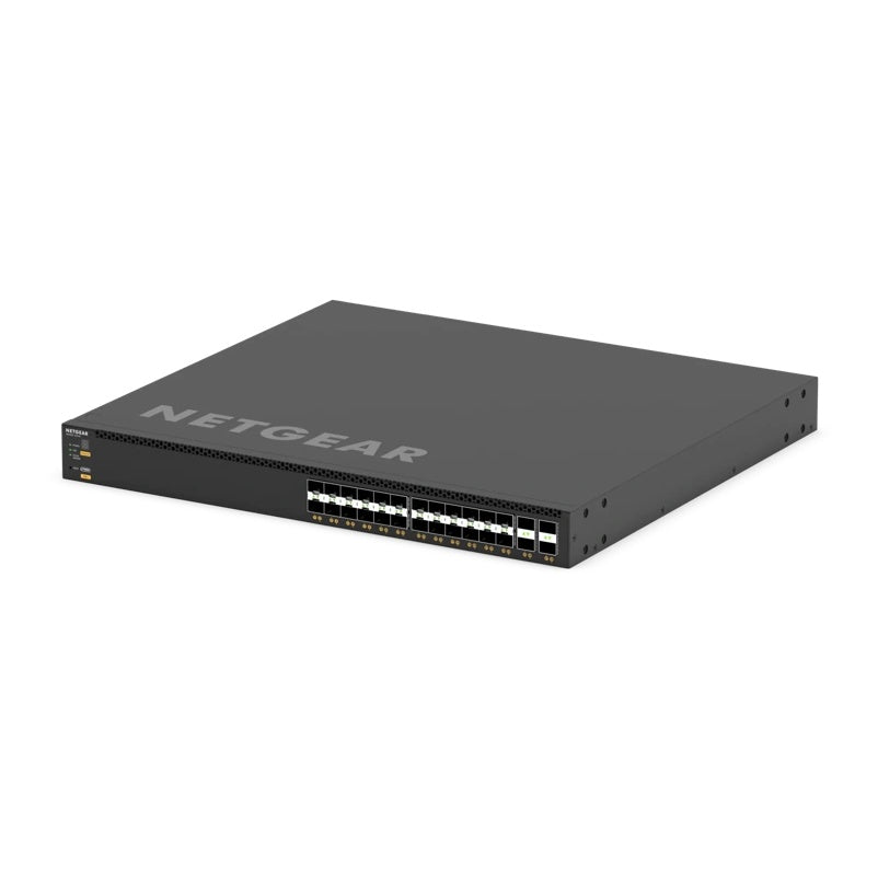 XSM4328FV front angled view from the left showing SFP+ and SFP28 port bank and rack ears on the 1U chassis, NETGEAR