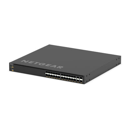 XSM4328FV front angled view from the left showing SFP+ and SFP28 port bank and rack ears on the 1U chassis, NETGEAR