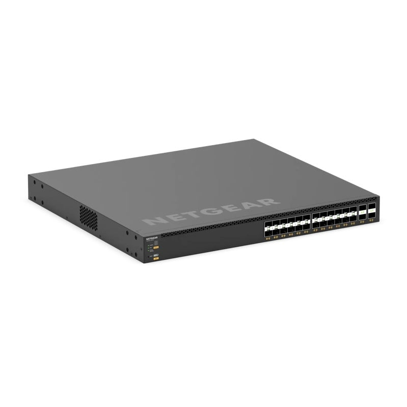 XSM4328FV front angled view from the right showing side ventilation grille and SFP+ and SFP28 port bank, NETGEAR
