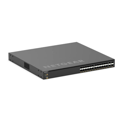 XSM4328FV front angled view from the right showing side ventilation grille and SFP+ and SFP28 port bank, NETGEAR
