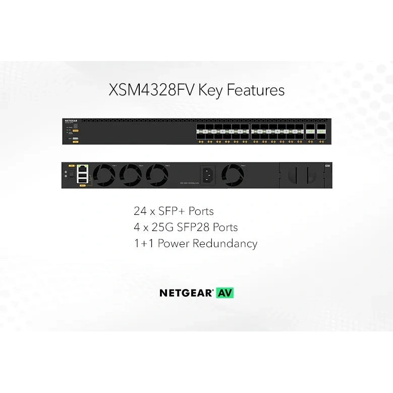 XSM4328FV key features graphic showing front and rear panels with 24 SFP+ ports, 4 25G SFP28 ports and 1+1 power redundancy, NETGEAR AV