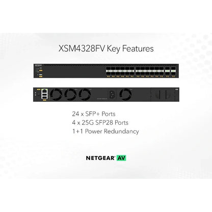 XSM4328FV key features graphic showing front and rear panels with 24 SFP+ ports, 4 25G SFP28 ports and 1+1 power redundancy, NETGEAR AV