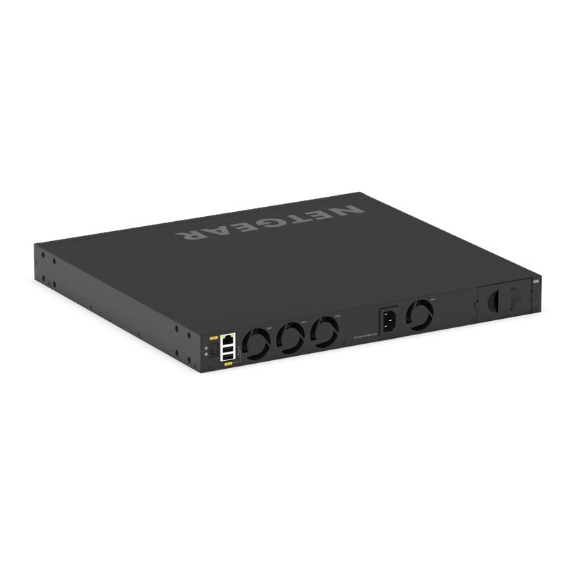 XSM4328FV angled rear view showing four fan modules, AC power inlet, management ports and empty power supply slot, NETGEAR