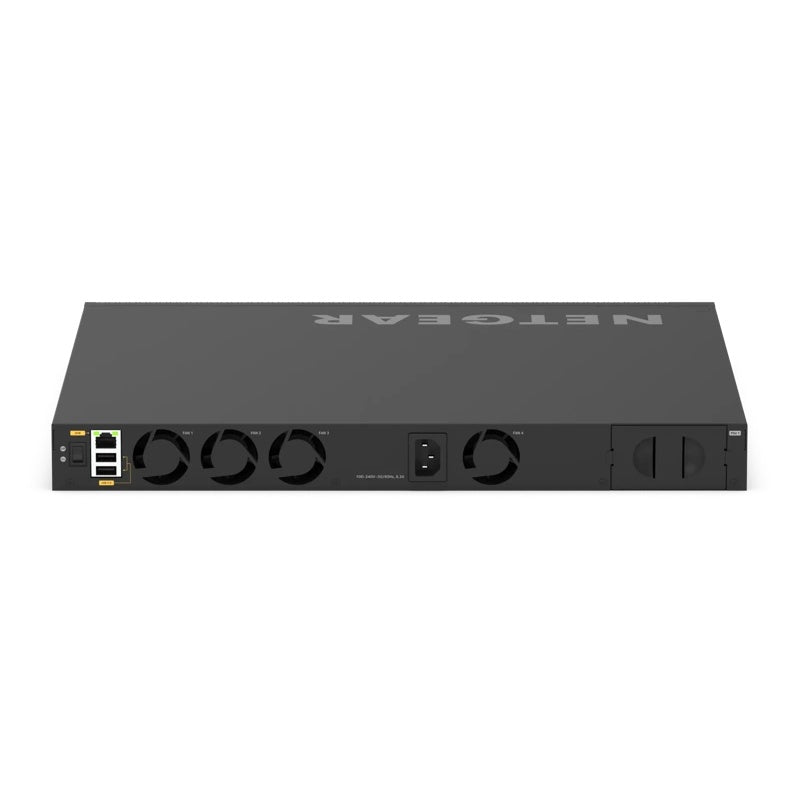XSM4328FV rear panel showing four fans, C14 AC inlet, RJ45 and USB management ports and blanked redundant PSU bay, NETGEAR