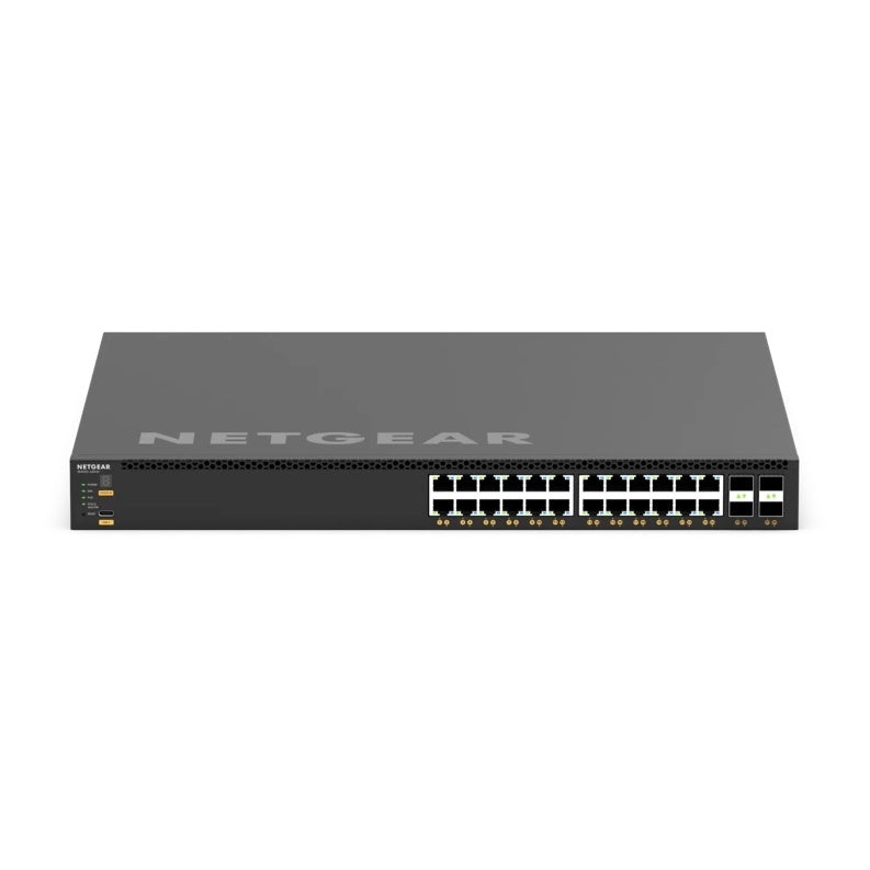 XSM4328CV M4350 front view showing 24 RJ45 multi-gig PoE+ ports and four SFP28 cages with status LEDs, NETGEAR