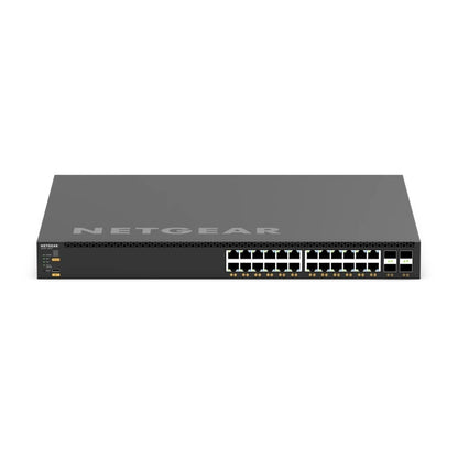 XSM4328CV M4350 front view showing 24 RJ45 multi-gig PoE+ ports and four SFP28 cages with status LEDs, NETGEAR