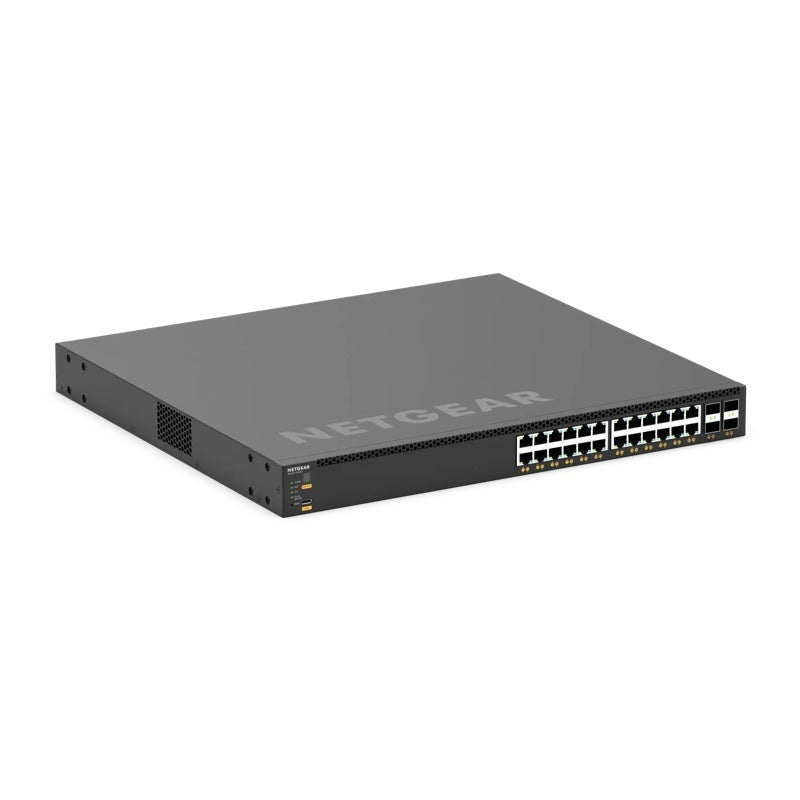 XSM4328CV M4350 angled front view from the left showing side vent, 24 RJ45 ports and SFP28 cages, NETGEAR