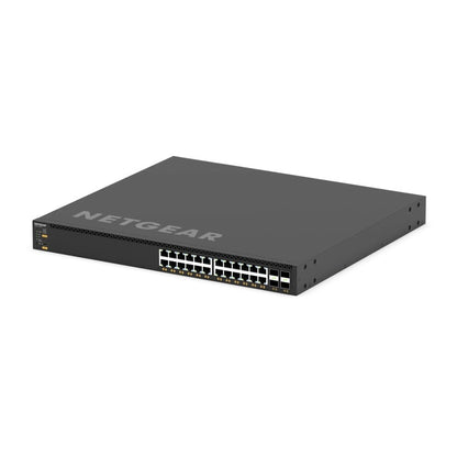 XSM4328CV M4350 angled front view from the right showing the 1U chassis top cover, port array and SFP28 cages, NETGEAR