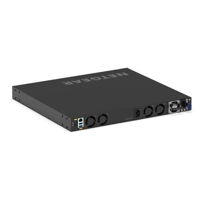XSM4328CV M4350 angled rear view showing management port, dual USB, four cooling fans, fixed AC inlet and removable power supply, NETGEAR