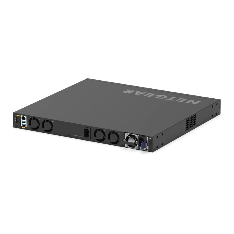 XSM4328CV M4350 angled rear view from the opposite side showing four fans, AC inlet and hot-swap power supply module with blue latch, NETGEAR