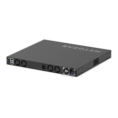 XSM4328CV M4350 angled rear view from the opposite side showing four fans, AC inlet and hot-swap power supply module with blue latch, NETGEAR