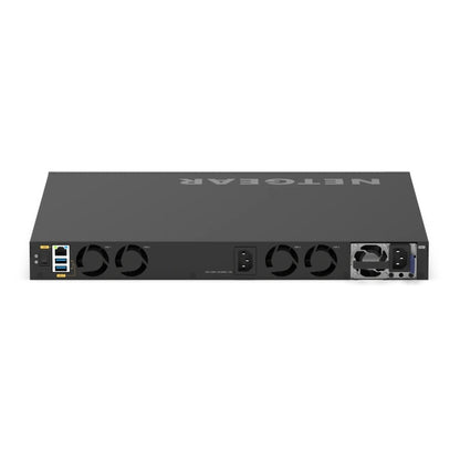 XSM4328CV M4350 rear panel showing RJ45 management port, USB ports, four fans, AC power inlet and redundant power supply slot, NETGEAR