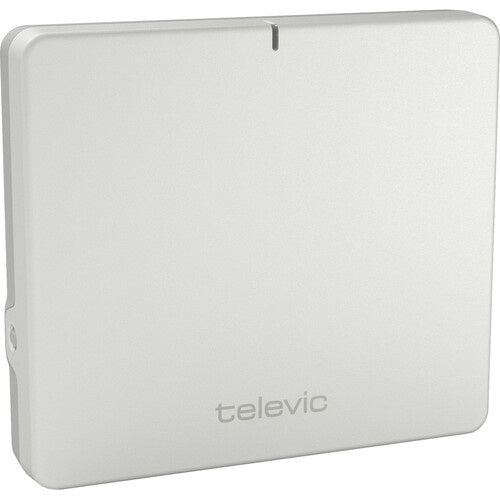 Unite AP4 angled front view, white housing with Televic logo and small LED indicator slot at top edge, Televic