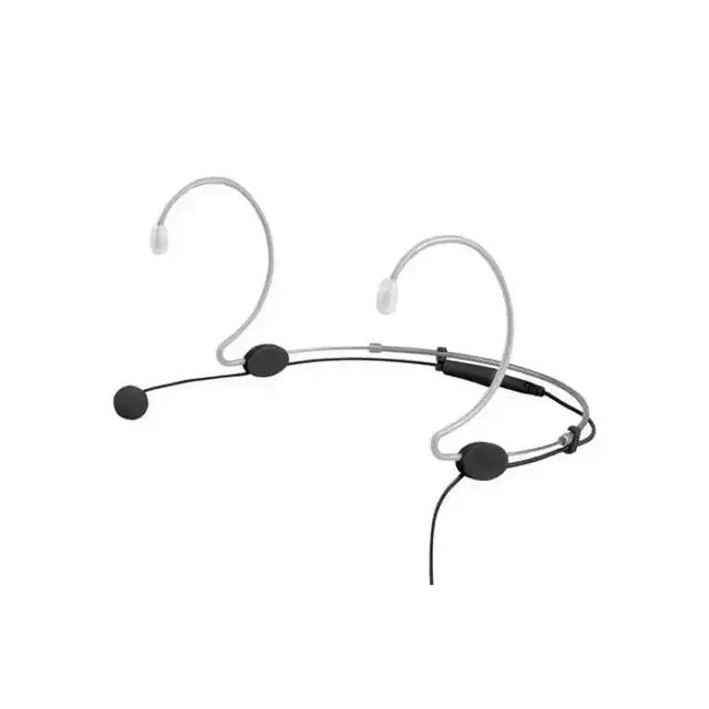 TG H56 angled front view of dual ear-hook headset frame with boom and black capsule tip, Televic
