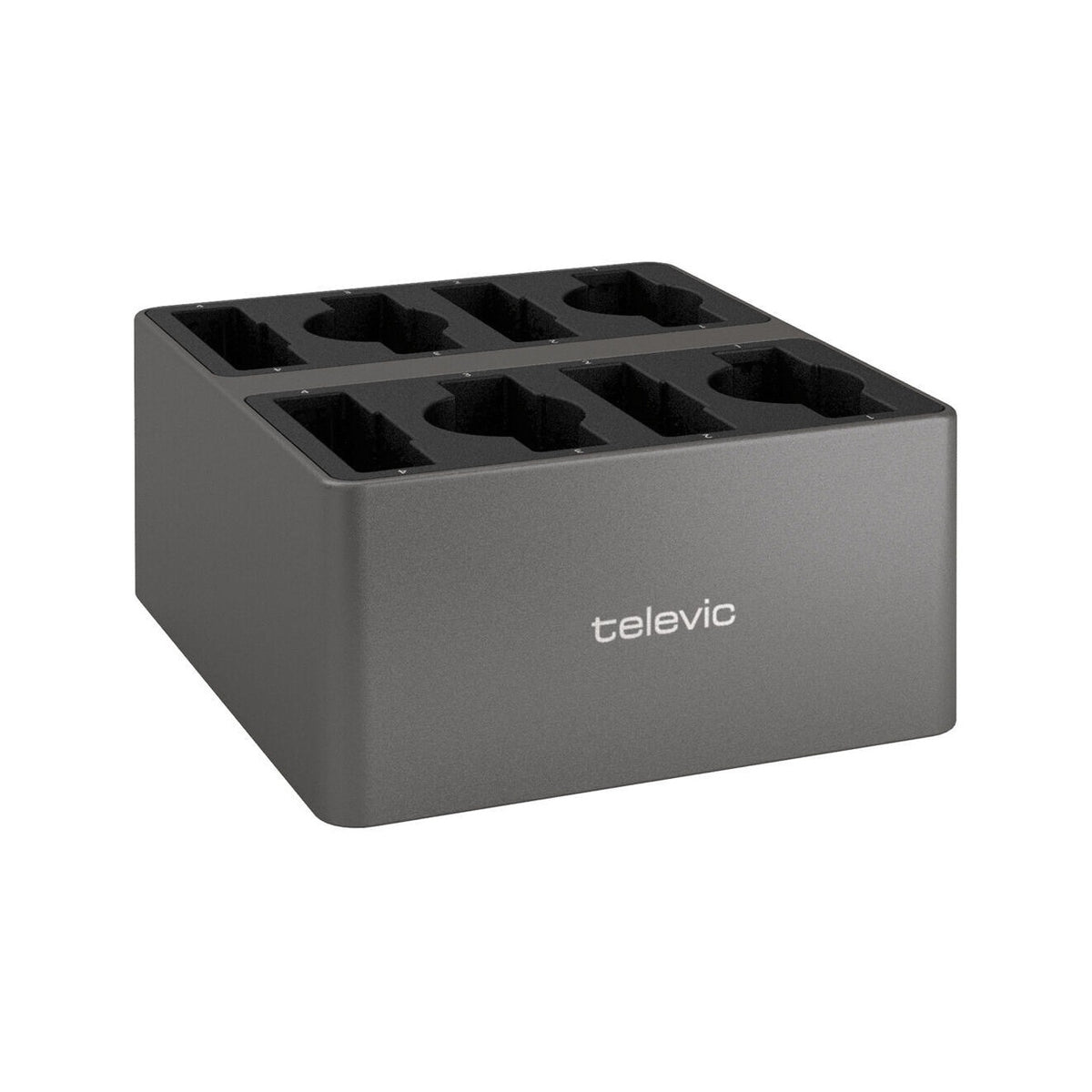 Unite CDD-8/4 angled front view with eight charging slots in two rows of four, Televic