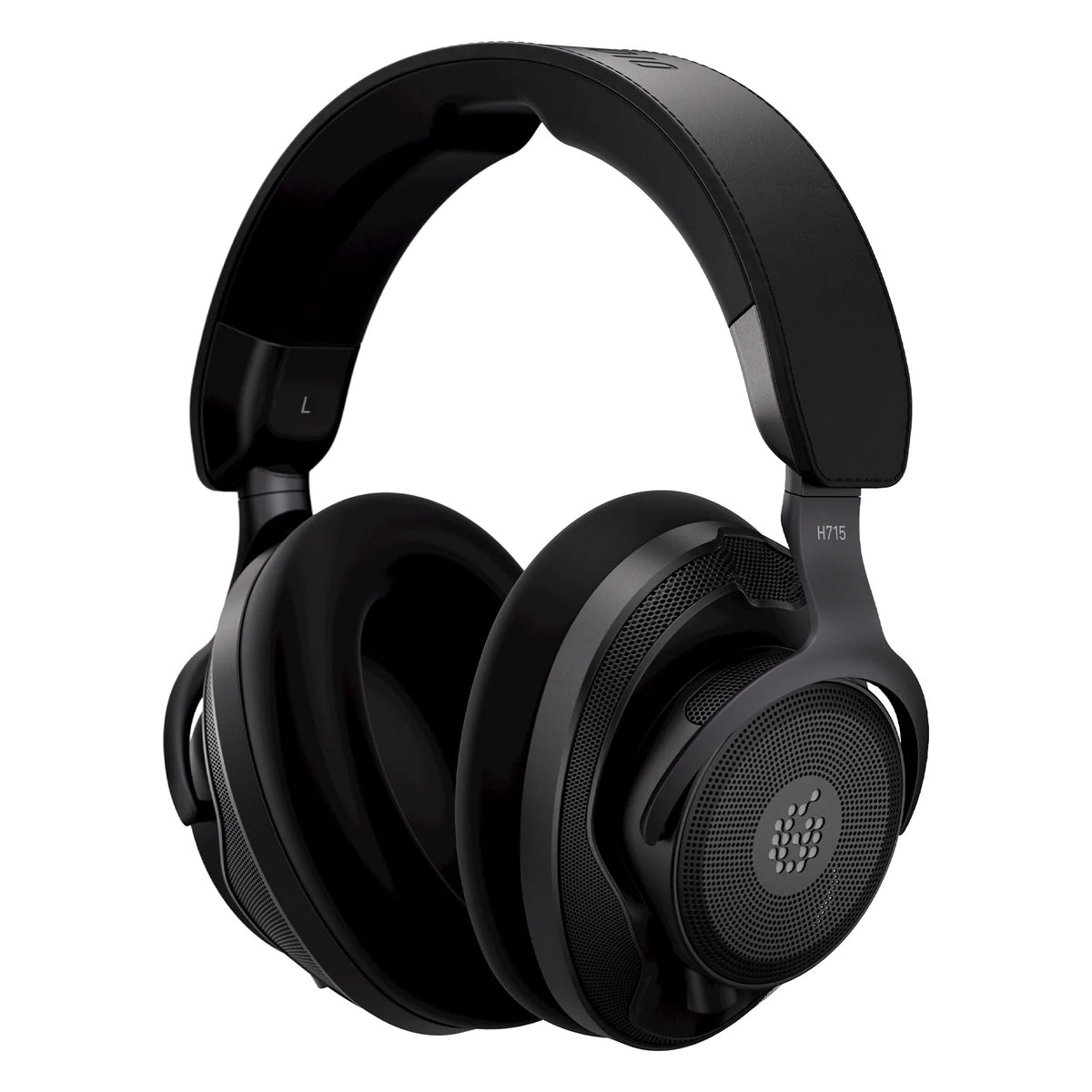 H715 reference headphones three-quarter front view showing open-back mesh grille with logo, padded headband and left-side L marking, Adam Audio