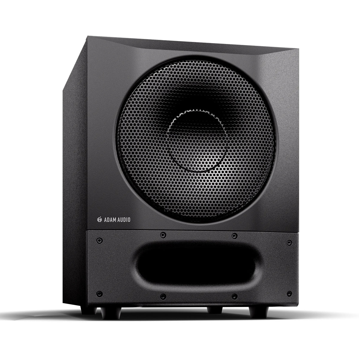 Sub8 Pro 8-inch active studio subwoofer angled front-right view showing perforated steel grille and front-firing bass port, Adam Audio