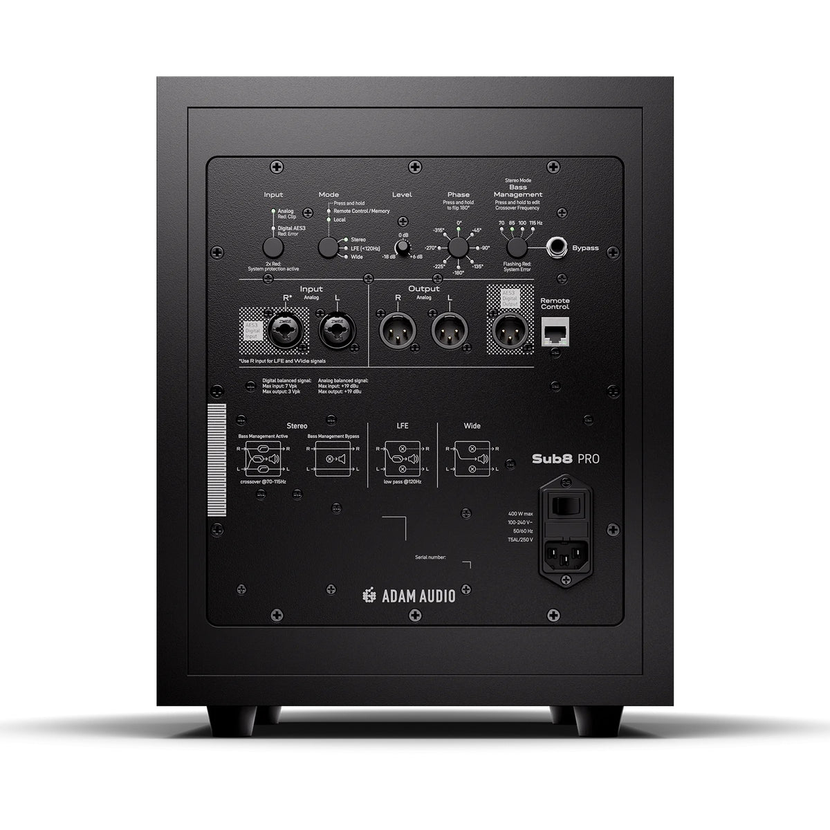 Sub8 Pro rear amplifier panel with XLR analog in/out, AES3 input, RJ45 remote control port and phase, level and bass management controls, Adam Audio