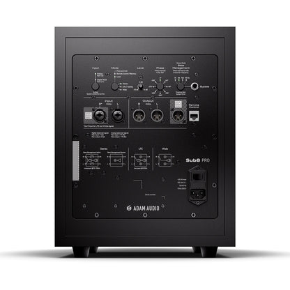 Sub8 Pro rear amplifier panel with XLR analog in/out, AES3 input, RJ45 remote control port and phase, level and bass management controls, Adam Audio