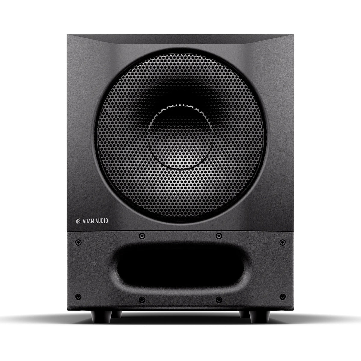 Sub8 Pro studio subwoofer straight-on front view with grille-covered 8-inch driver and slotted front port, Adam Audio