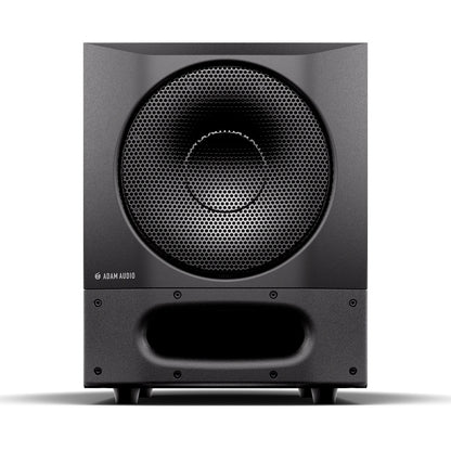 Sub8 Pro studio subwoofer straight-on front view with grille-covered 8-inch driver and slotted front port, Adam Audio