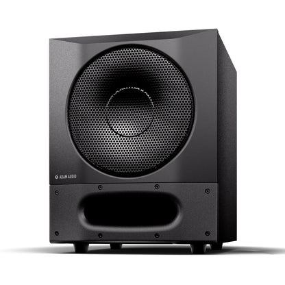 Sub8 Pro subwoofer angled front-left view showing textured black cabinet and isolation feet, Adam Audio