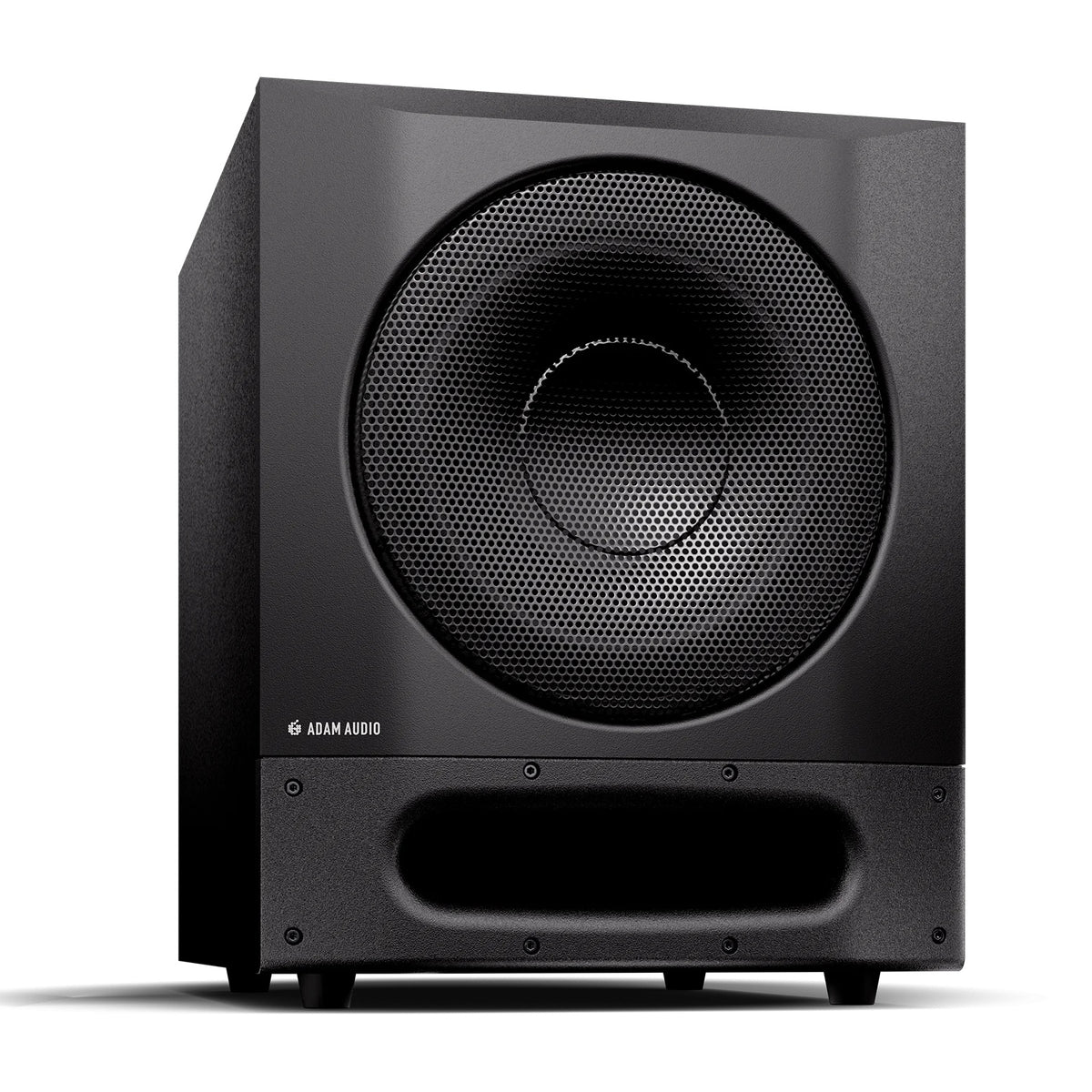 Sub10 Pro 10-inch active studio subwoofer front right three-quarter view showing perforated steel grille and front port slot, Adam Audio