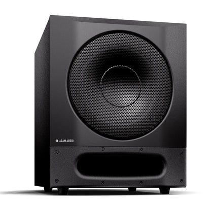 Sub10 Pro 10-inch active studio subwoofer front right three-quarter view showing perforated steel grille and front port slot, Adam Audio