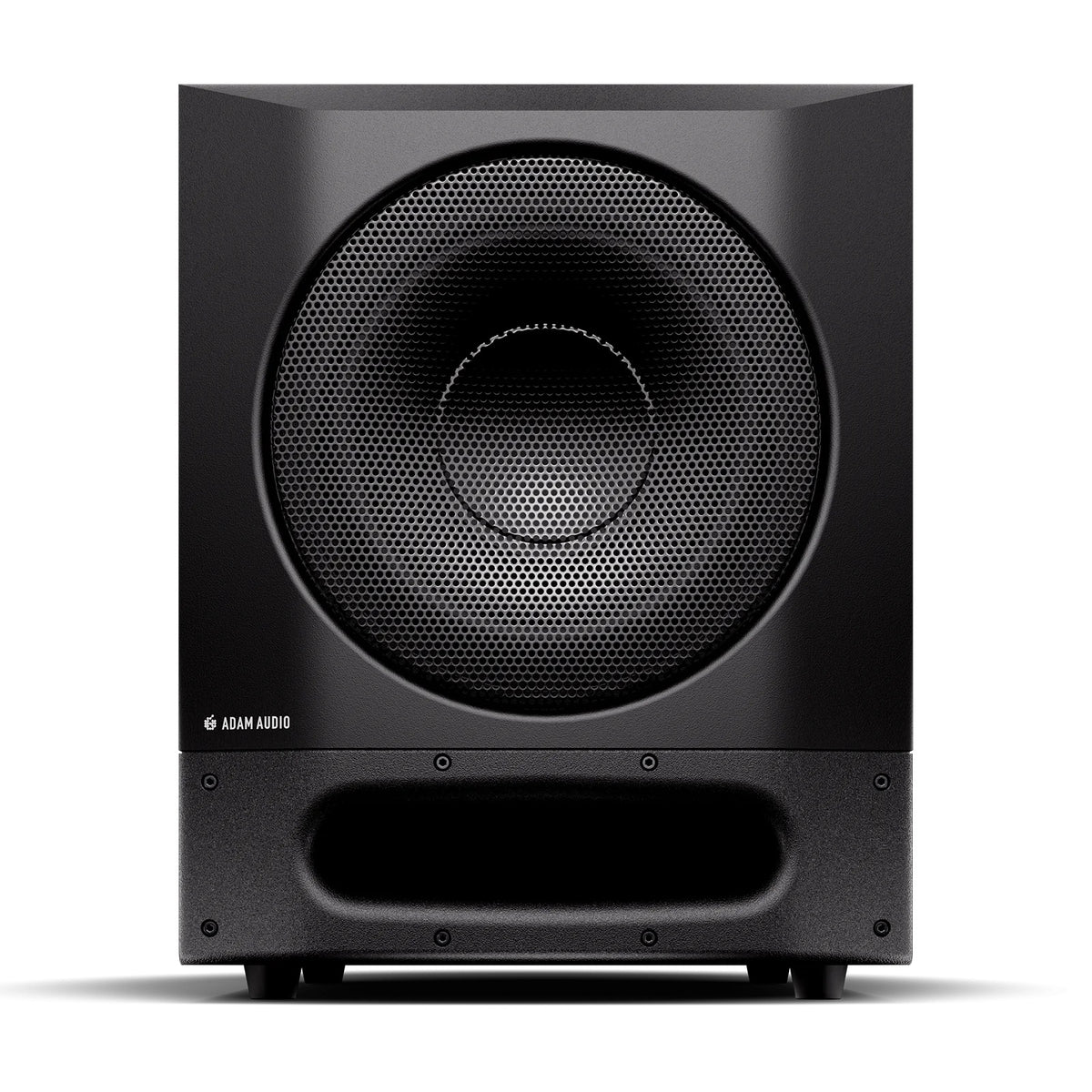 Sub10 Pro 10-inch powered studio subwoofer straight-on front view with hex-pattern driver grille and front-firing bass port, Adam Audio