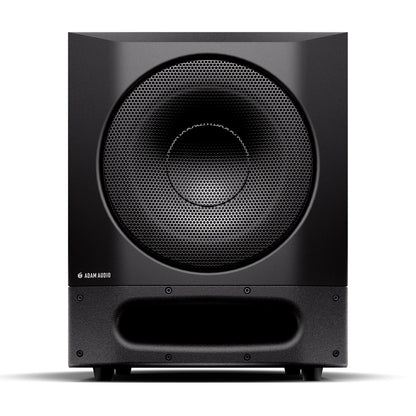 Sub10 Pro 10-inch powered studio subwoofer straight-on front view with hex-pattern driver grille and front-firing bass port, Adam Audio