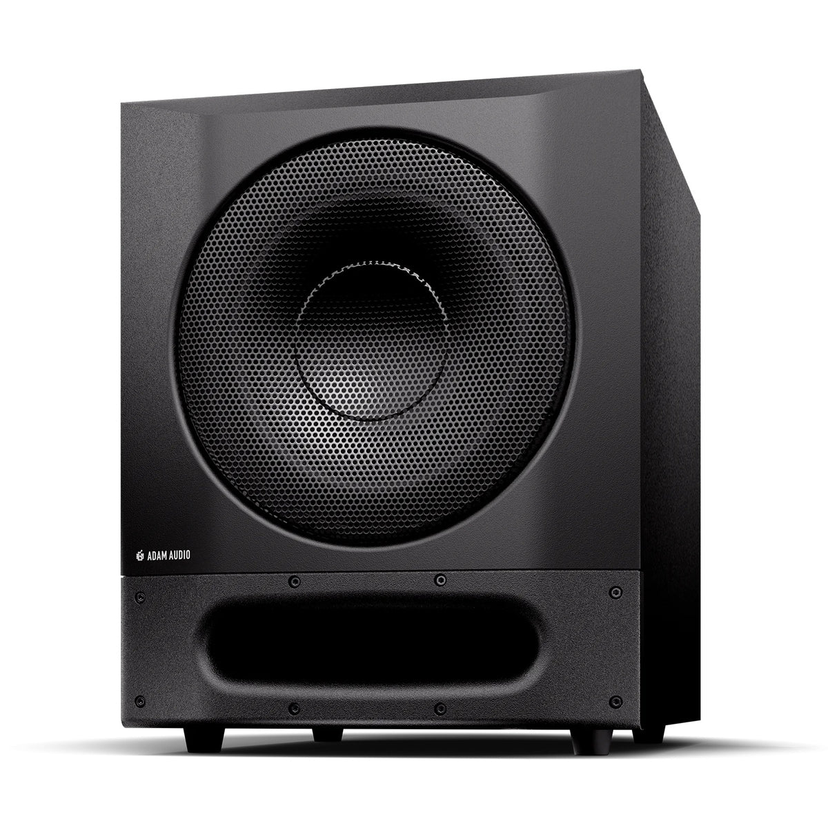 Sub10 Pro active studio subwoofer front left three-quarter view showing cabinet depth and isolation feet, Adam Audio