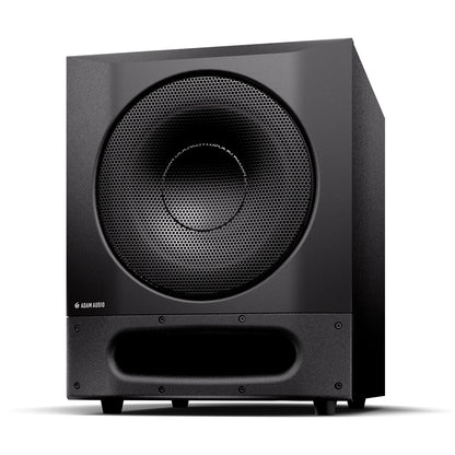 Sub10 Pro active studio subwoofer front left three-quarter view showing cabinet depth and isolation feet, Adam Audio