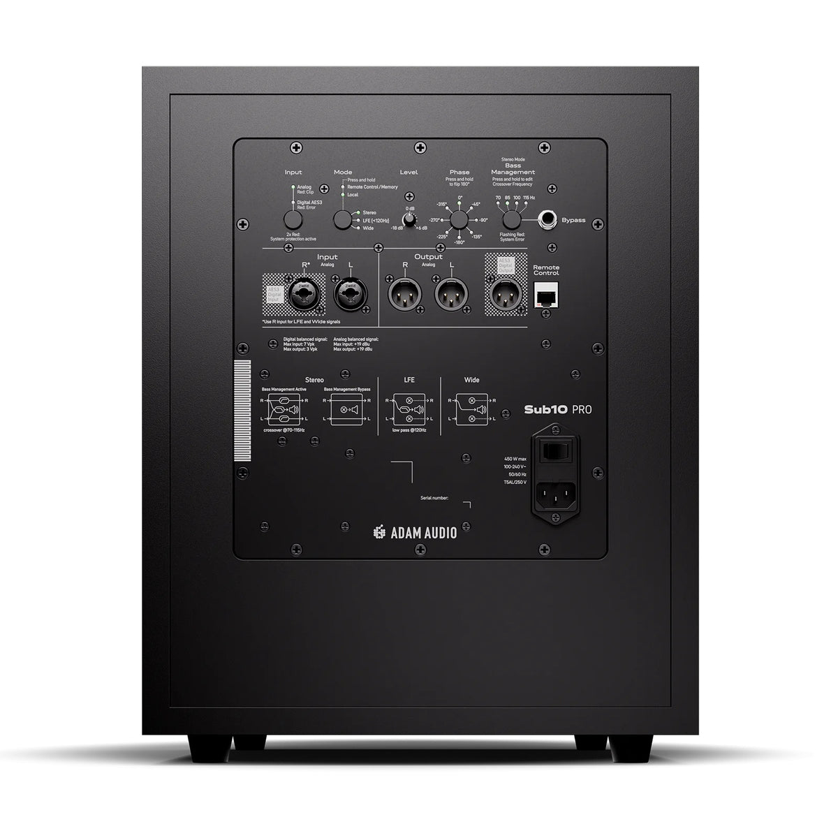 Sub10 Pro rear amplifier panel with XLR analog in/out, AES3 digital input, RJ45 remote control port and DSP mode, level, phase and bass management controls, Adam Audio