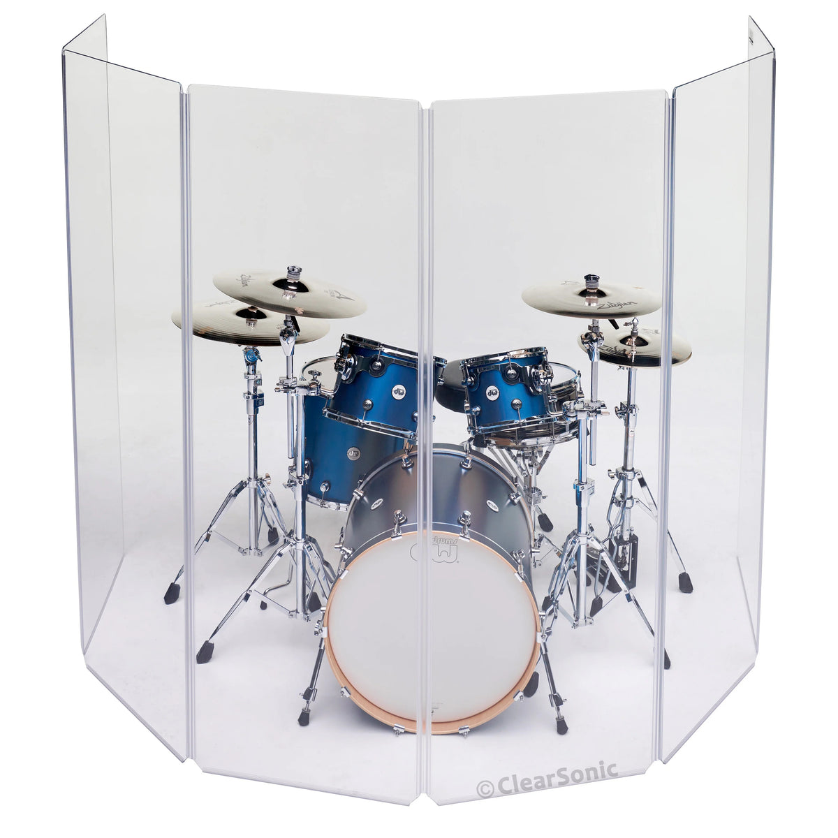 A2478 Series acrylic drum shield front view wrapped around a blue kit, clear panels hinged into a curved arc, ClearSonic