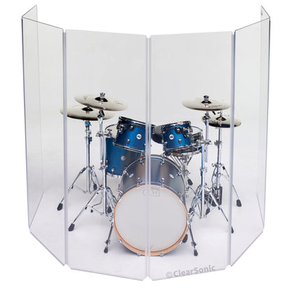 A2478 Series acrylic drum shield front view wrapped around a blue kit, clear panels hinged into a curved arc, ClearSonic