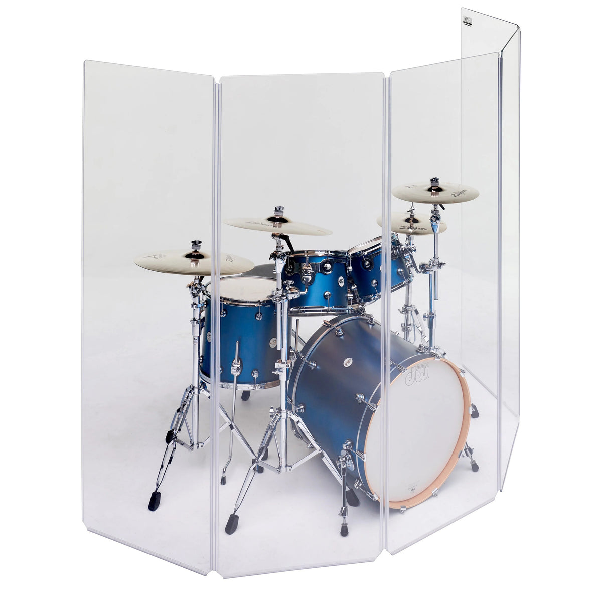 A2478 Series drum shield angled view showing panel-to-panel hinge joints and logo badge on end panel, ClearSonic