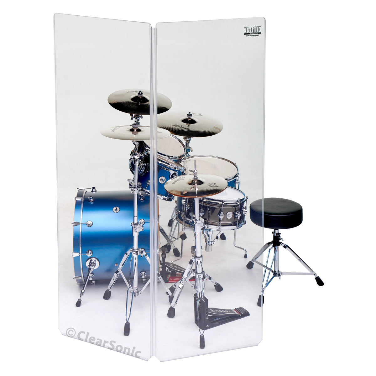 A2478 Series acrylic panels side view beside drum kit and throne, logo decal at top corner, ClearSonic