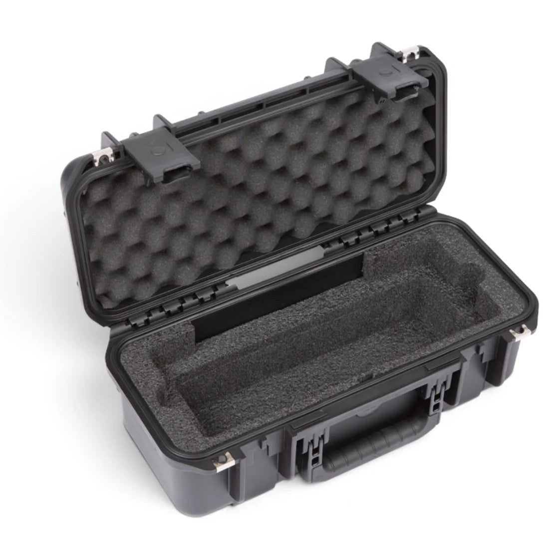3i-17066ATM waterproof case open at an angle showing empty custom-cut foam interior and convoluted lid foam, SKB