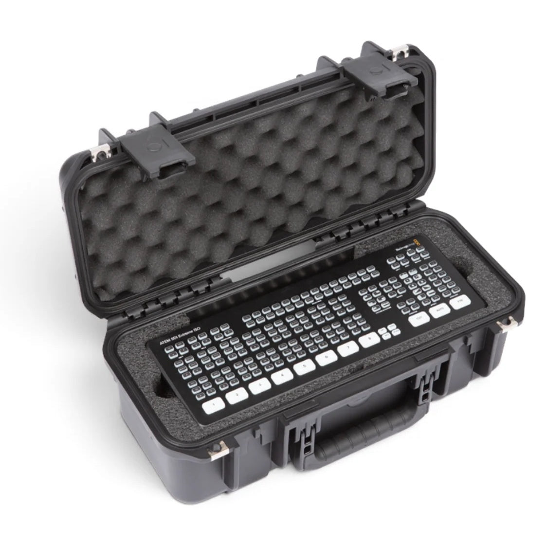 3i-17066ATM case angled open with Blackmagic ATEM SDI Extreme ISO switcher seated in the foam cutout, SKB