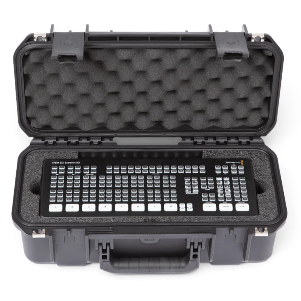 3i-17066ATM case open front view with ATEM SDI Extreme ISO control panel loaded in foam, SKB