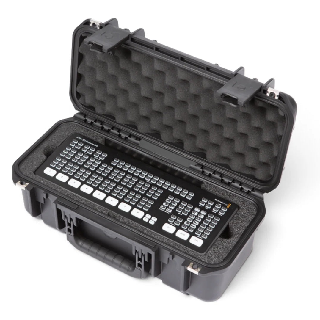 3i-17066ATM case open rear angle with ATEM SDI Extreme ISO switcher secured in foam, SKB
