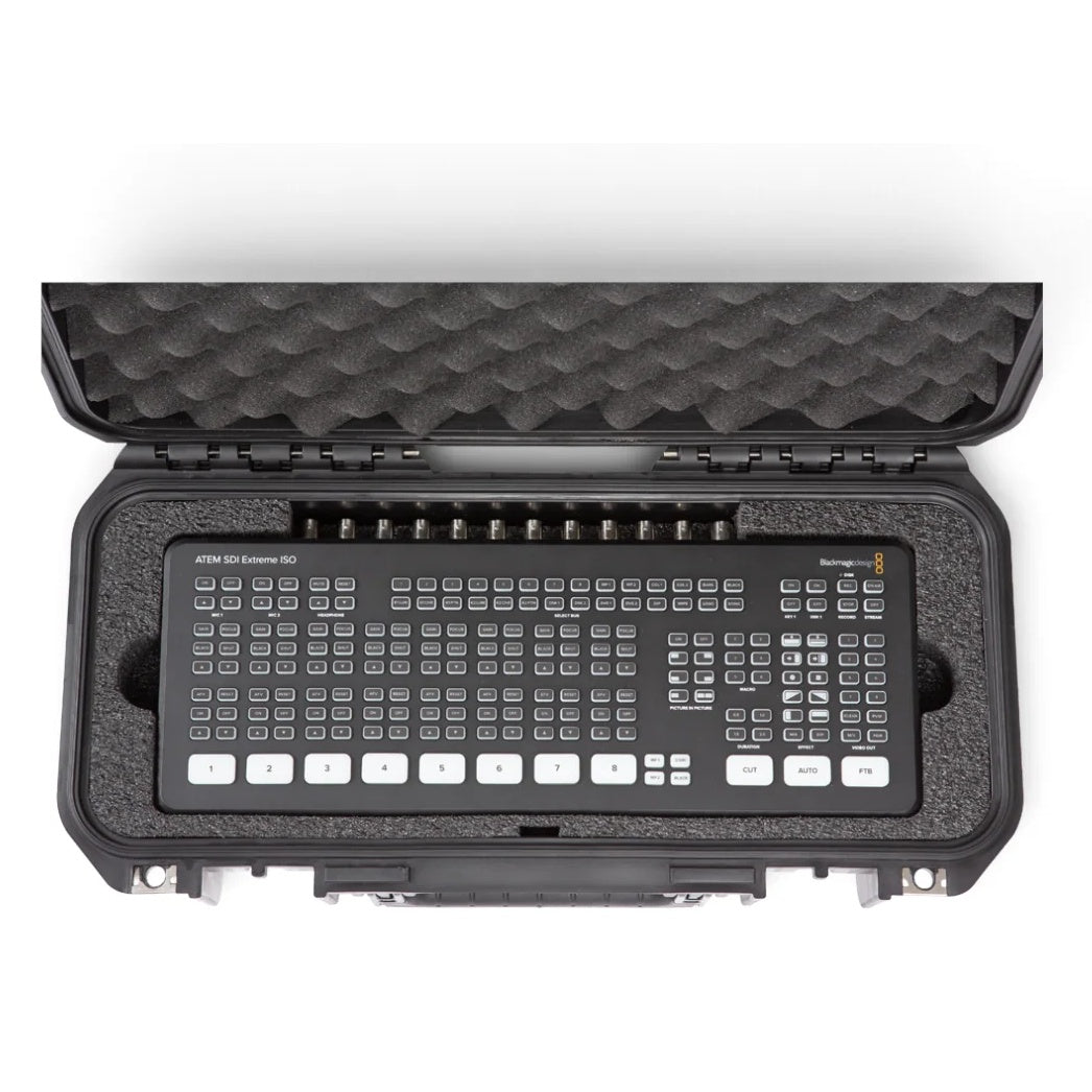 3i-17066ATM case overhead view with ATEM SDI Extreme ISO switcher and rear BNC connectors visible in foam, SKB