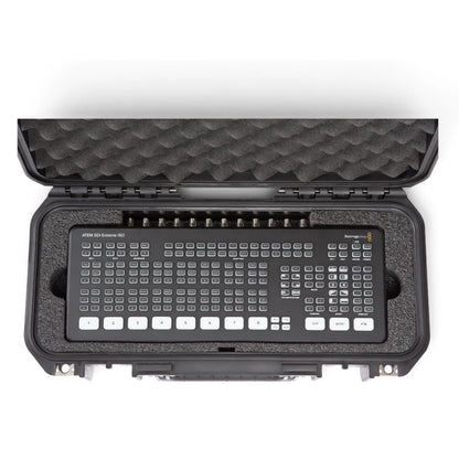 3i-17066ATM case overhead view with ATEM SDI Extreme ISO switcher and rear BNC connectors visible in foam, SKB