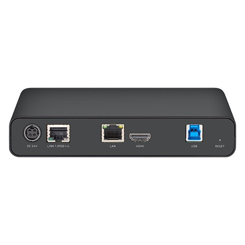 PATUSBUE1 extender rear panel showing DC 54V input, Link 1 PoE++ and LAN RJ45 ports, HDMI, USB Type-B and reset, AVer