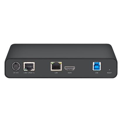 PATUSBUE1 extender rear panel showing DC 54V input, Link 1 PoE++ and LAN RJ45 ports, HDMI, USB Type-B and reset, AVer
