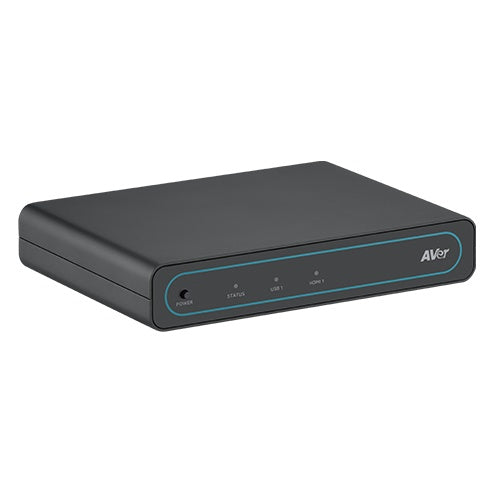 PATUSBUE1 USB 3.0 extender angled front view showing slim black chassis and backlit front panel trim, AVer