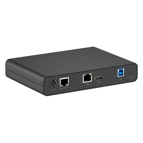 PATUSBUE1 extender angled rear view highlighting LAN, HDMI and USB 3.0 connector layout, AVer